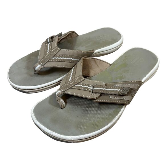 Clarks Cloudsteppers Brinkley Jazz Tan Thong Sandals Flip Flops Brown Adjustable - Picture 2 of 8